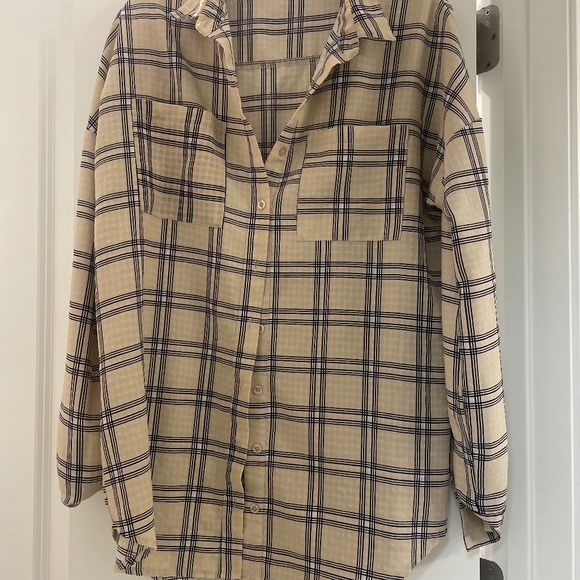 Nasty Gal Beige and Black Plaid Button Down Shirt - Picture 1 of 3